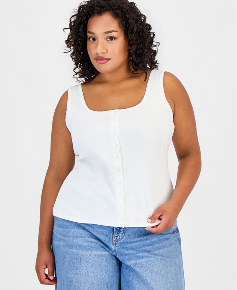 Women's Button-Down Contrast-Stitch Rib Tank Top