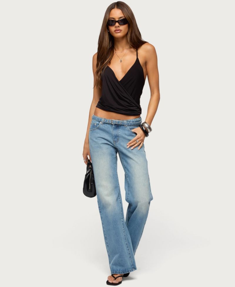 Women's Belted Low Rise Straight Leg Jeans