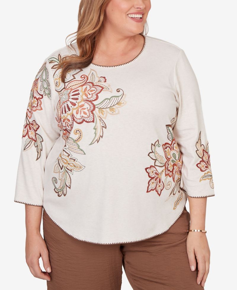 Plus Size Spice Market Asymmetrical Scroll Floral Round Hem Top