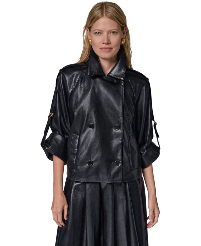 Petite Faux Leather Roll-Sleeve Collared Short Jacket