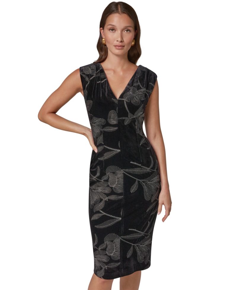 Women's V-Neck Embroidered Floral Velvet Sheath Dress