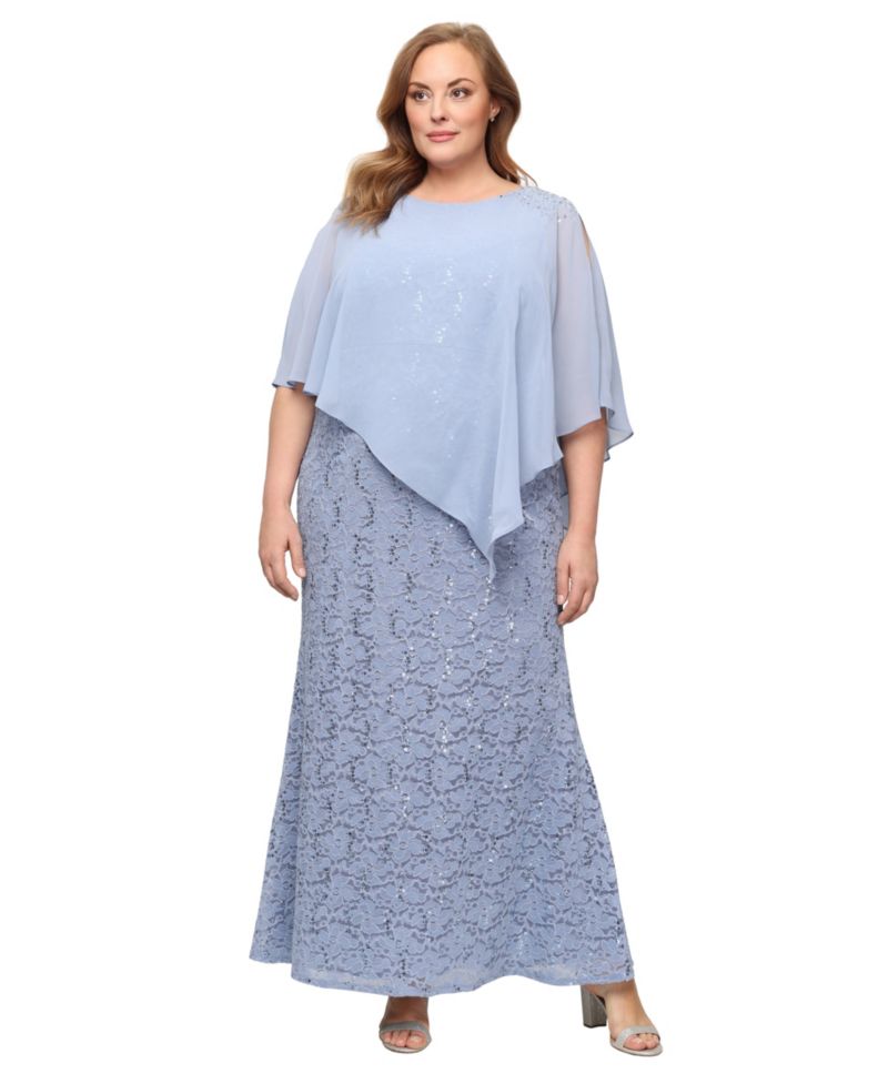 Plus Round-Neck Sequin Lace Cape Dress