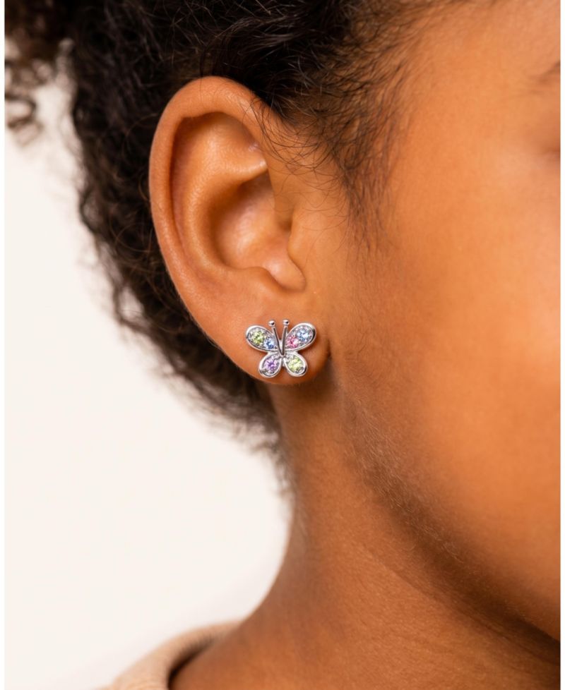 Girls Butterfly Mulit-color Crystal White Gold Rhodium Plated Screwstud Earring