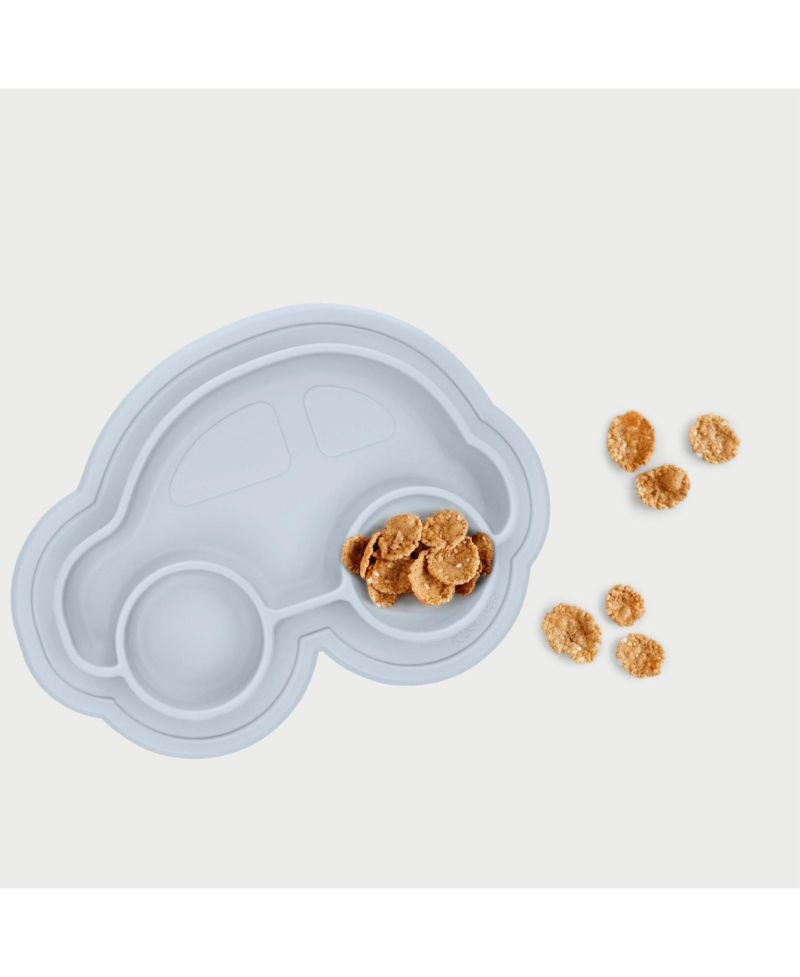 Toddler Silicone Divided Suction Plate, Unbreakable, Microwave Safe, Blue Car