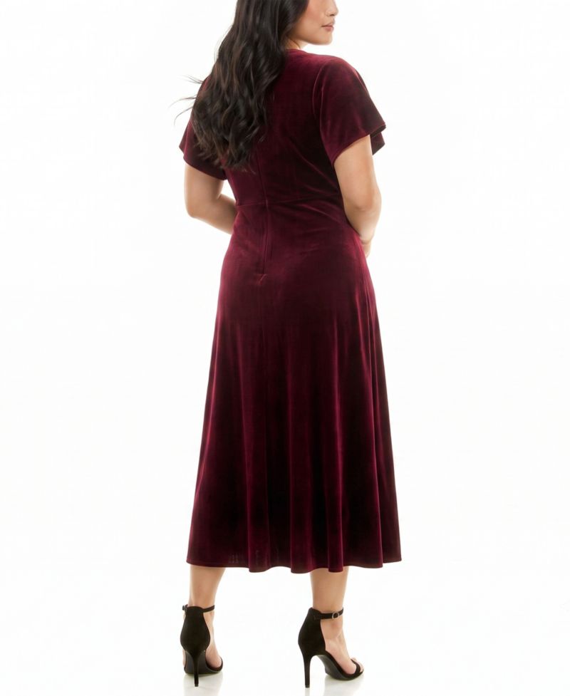 Plus Size Flutter Sleeve Midi Velvet Fit & Flare Dress