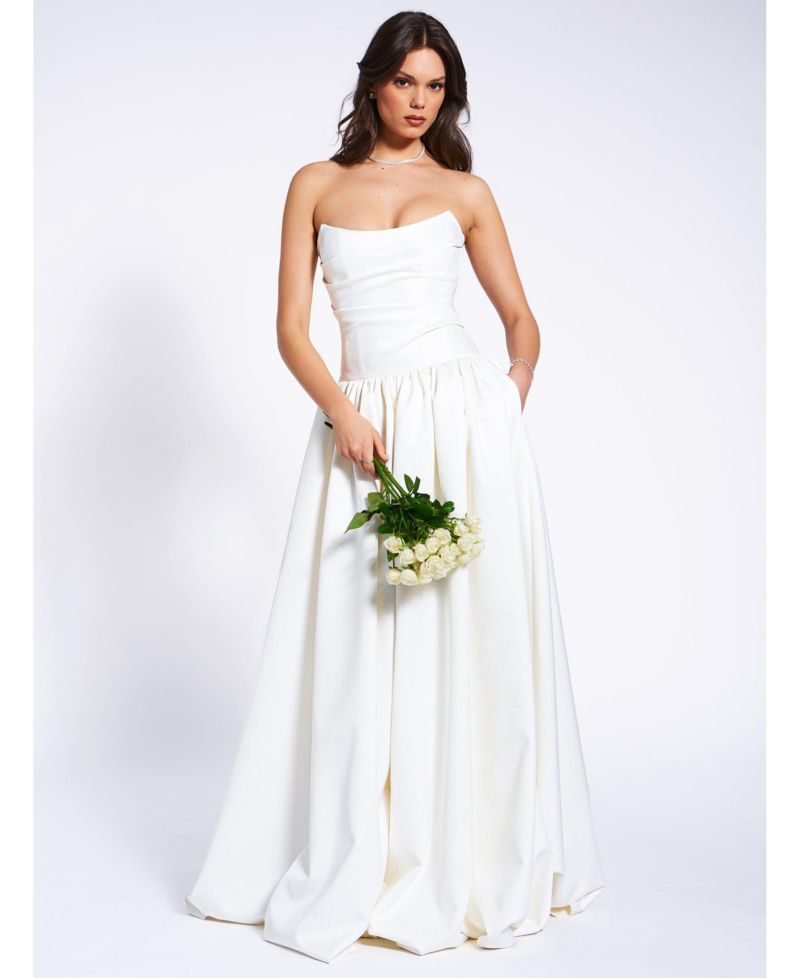 Women's Umay White Drop Waist Satin Corset Bridal Gown
