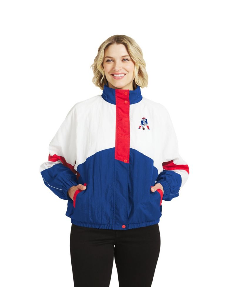Women's White/Royal New England Patriots Throwback Crinkle Full-Snap Hooded Windbreaker Jacket