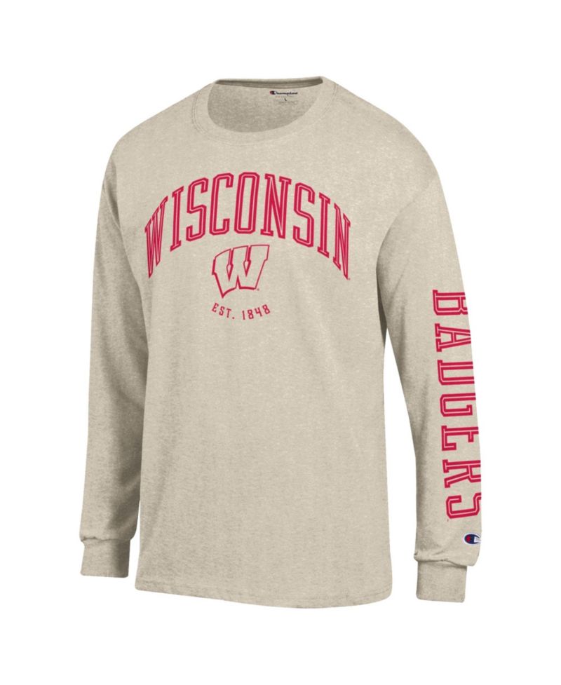Men's Wisconsin Badgers Neutral Arch Long-Sleeve Crewneck T-Shirt