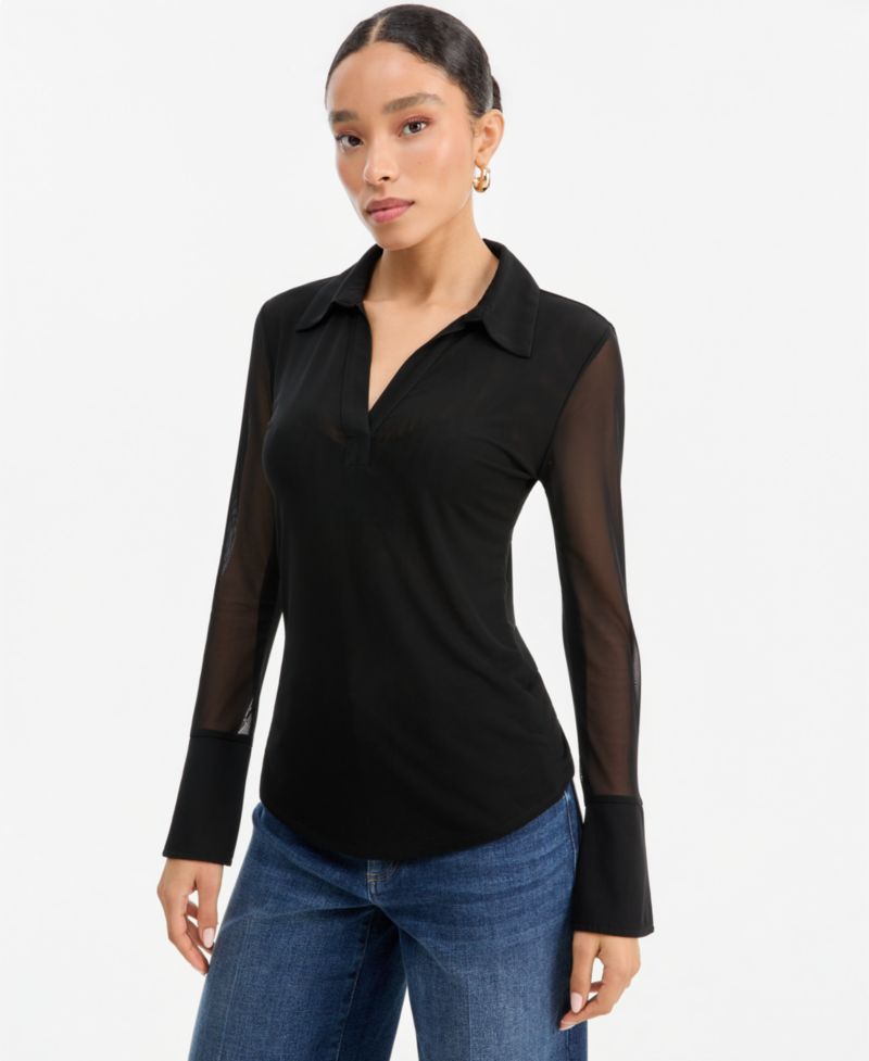 Women's Mesh Collared Long-Sleeve Top