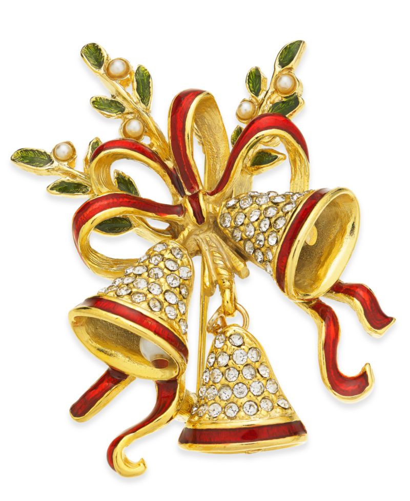 Gold-Tone Crystal & Imitation Pearl Triple Bell Pin