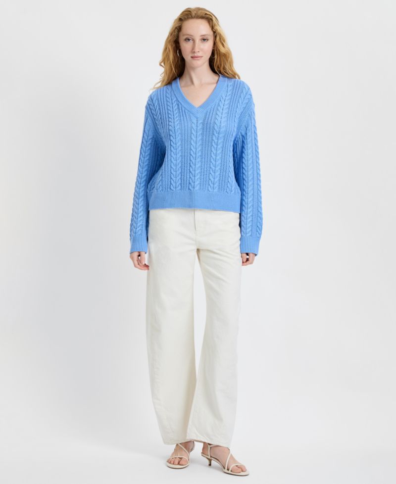 Women's Ryland Blue Cable Knit V-Neck Sweater