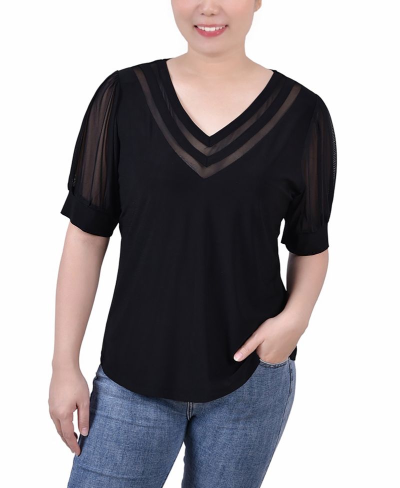 Petite Size Short Puff Sleeve V-neck Top