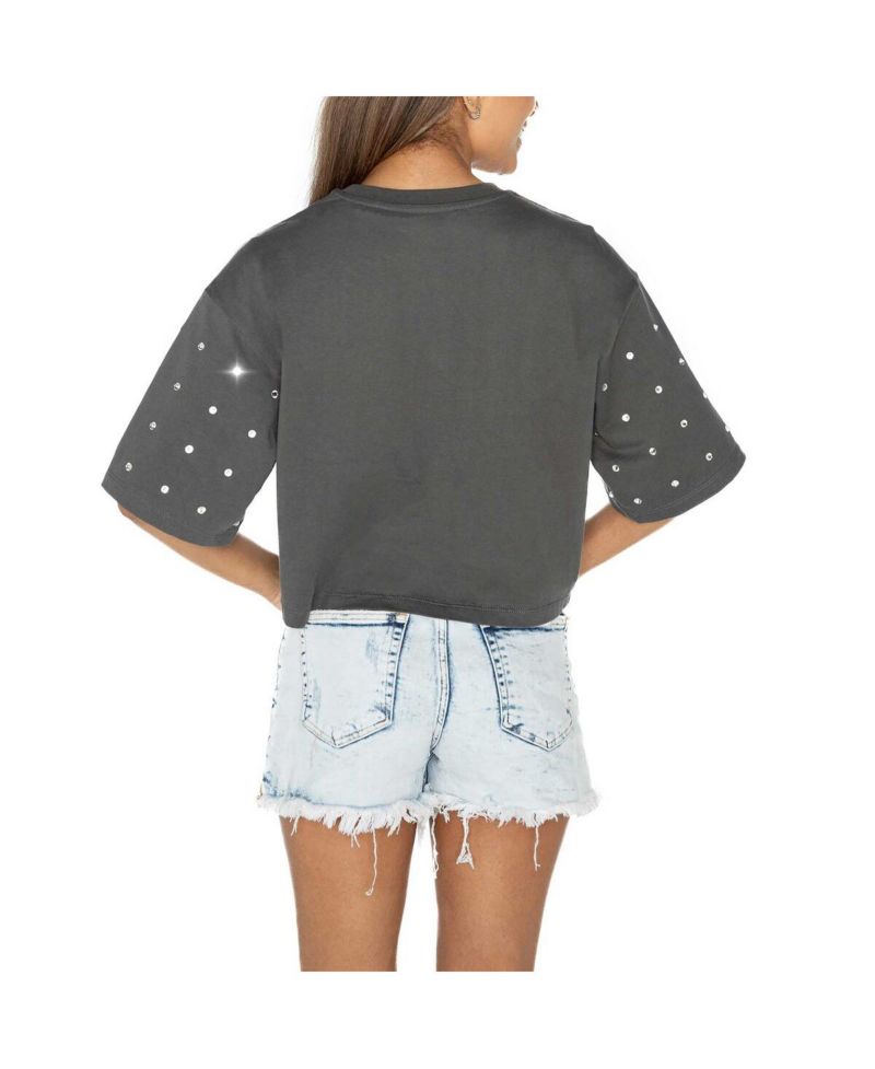 Women's Gray Wisconsin Badgers Go Time Rhinestone Crop T-Shirt