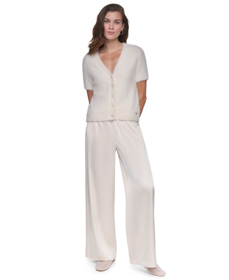 Petite Short-Sleeve Brushed-Knit Fitted Cardigan