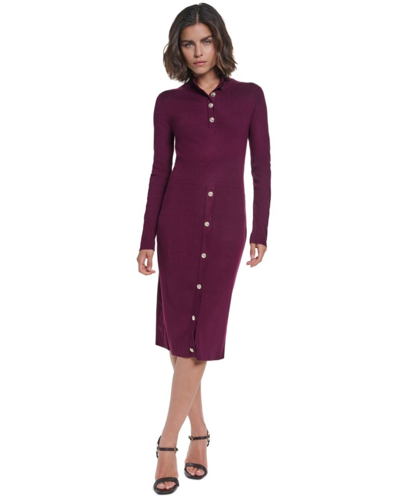Women's Mock Neck Midi Button Front Sweater Dress