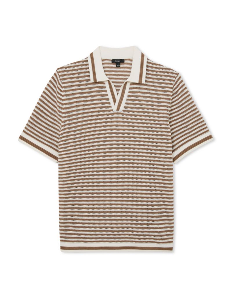 Men's Carl Ford Textured Stripe Linen Blend Open Neck Polo Shirt
