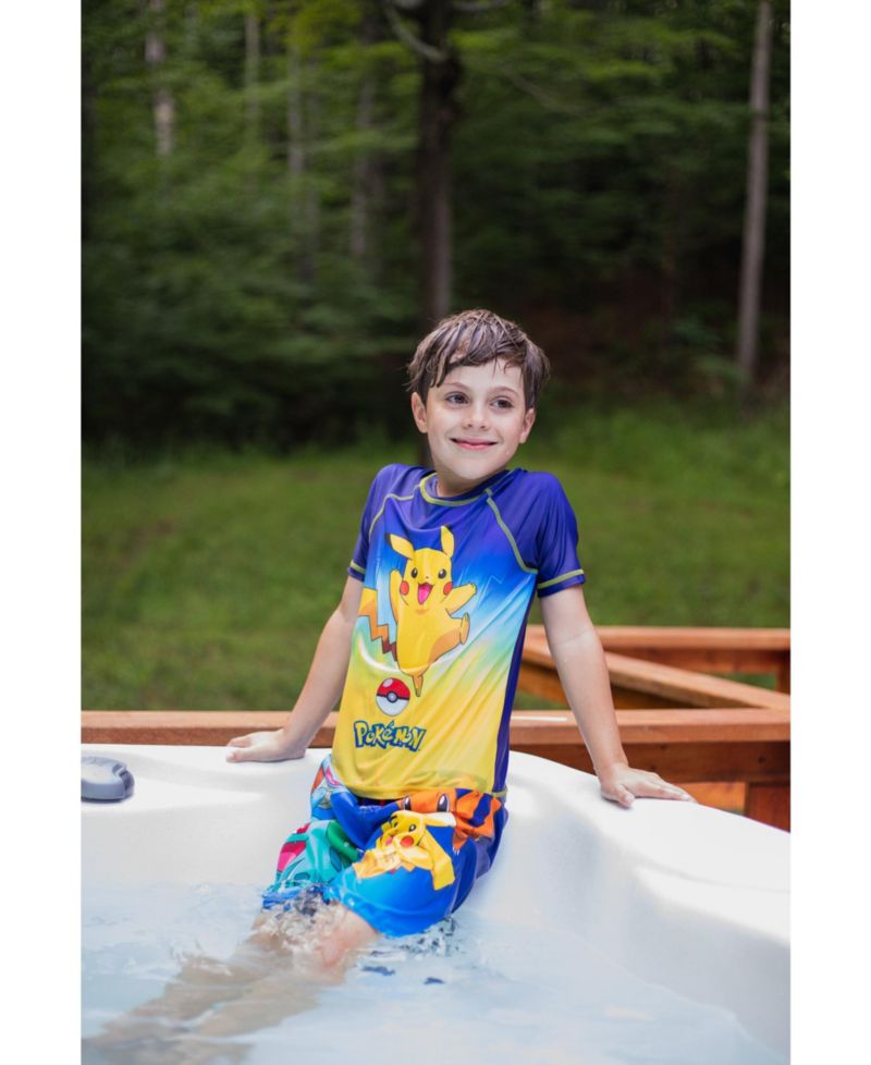 Boys Pikachu UPF 50+ Rash Guard Swim Trunks Outfit Set to