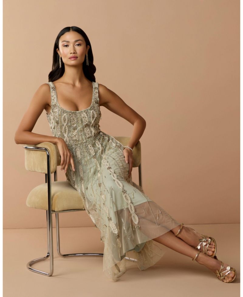 Petite Embellished Scoop Neck Mesh Midi Dress