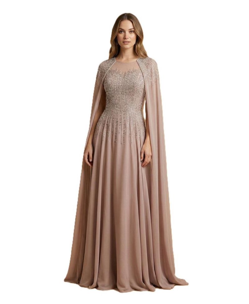 Women's Chiffon A-line Long Gown with Long Cape Sleeves