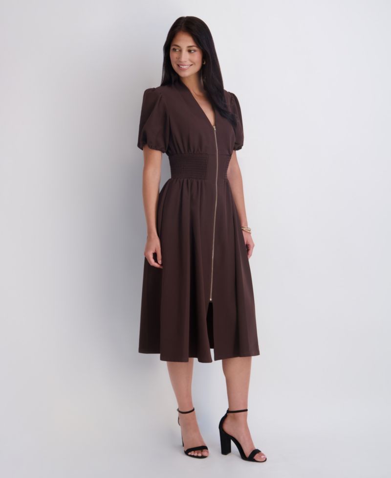 Women's Puff-Sleeve Smocked-Waist A-Line Midi Dress