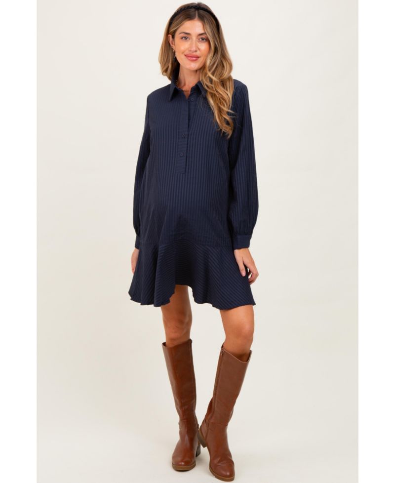 Women's Camel Striped Long Sleeve Drop Waist Polo Dress