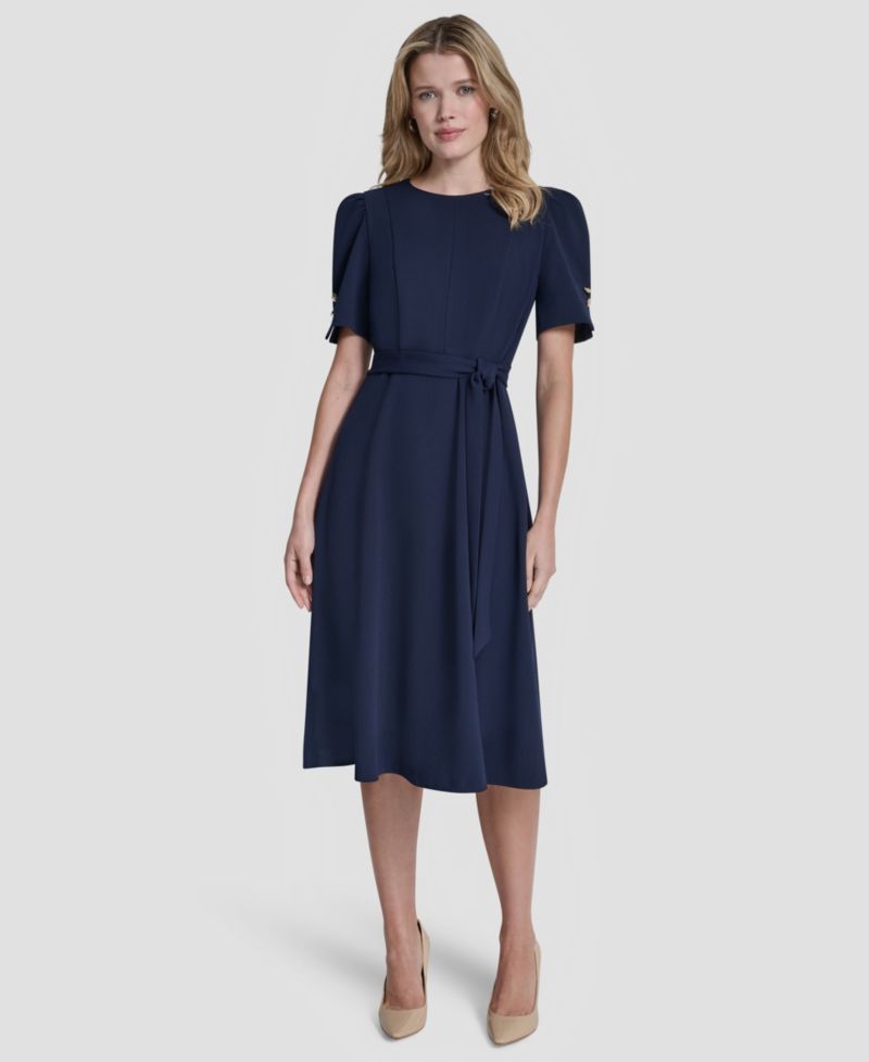 Women's Short-Sleeve Crewneck Belted Dress