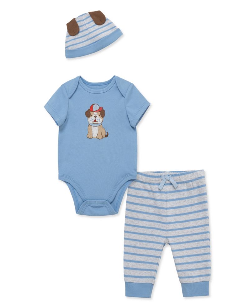 Baby Boys' Puppy Short-Sleeve Bodysuit, Pants & Hat, 3-Piece Set