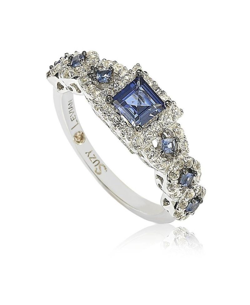Suzy Levian Sterling Assher Cut Sapphire and Created Sapphire Proposal Ring