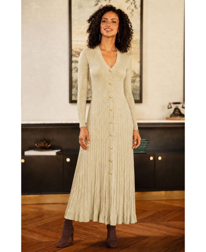 Women's Button-Front Knitted Ribbed Dress