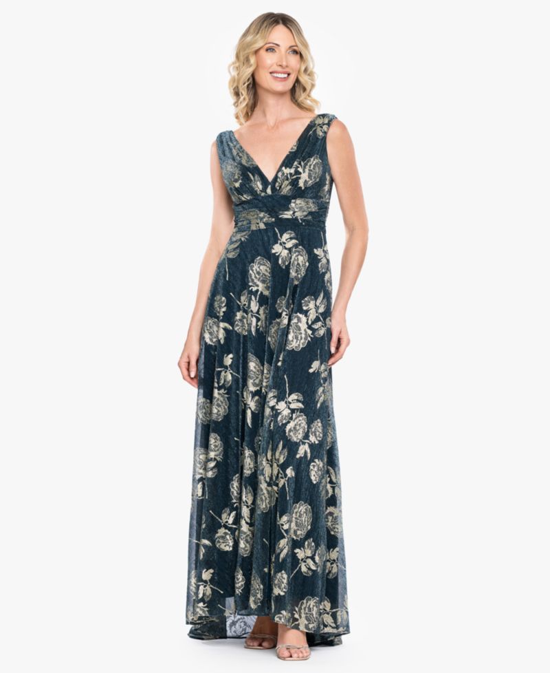Women's Sleeveless V-Neck Metallic Floral Gown