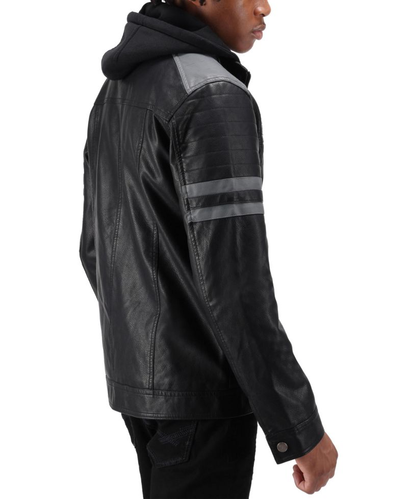 XRAY Men's Grainy PU Leather Hooded Jacket With Faux Shearling Lining