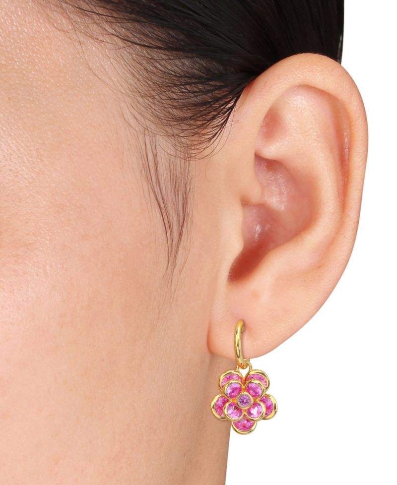 Lab Created Pink Sapphire Flower Charm Hoop Earrings (7-1/2 ct. t.w.) in 18k Gold-Flash Over Silver