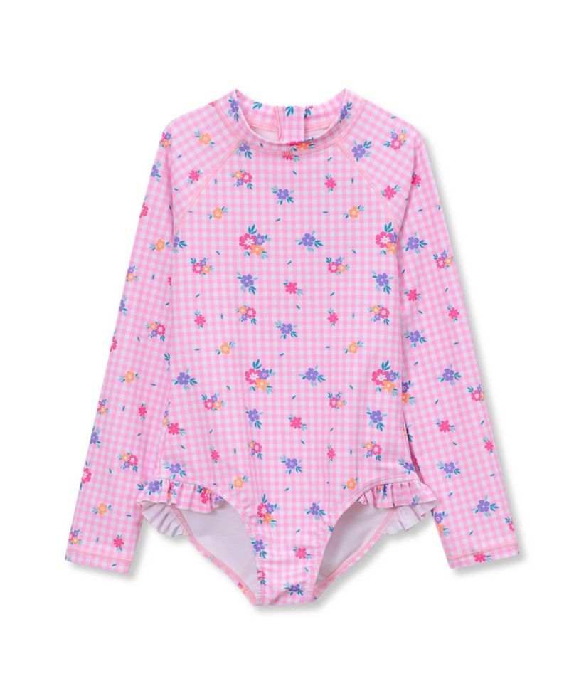 Girls Child Chlorine Resistant Long Sleeve Ruffle One Piece Swimsuit