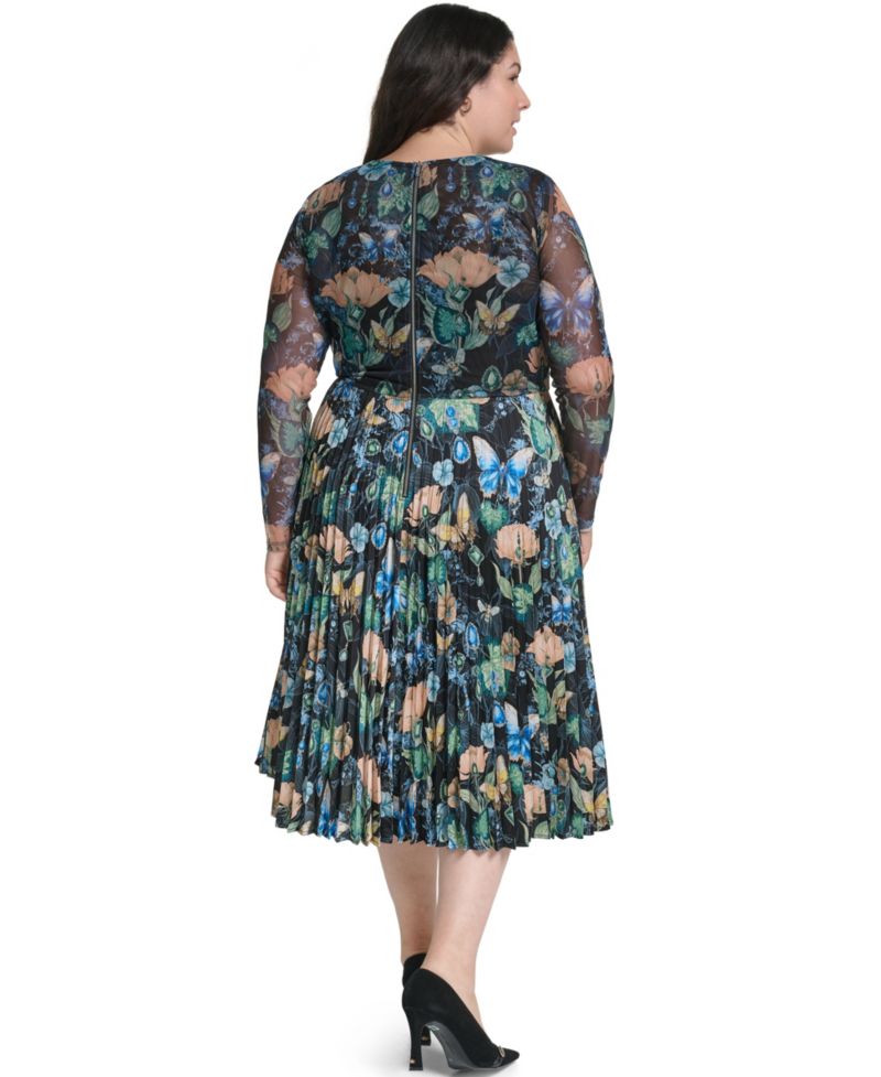 Plus Size Mixed Media Mesh Long-Sleeve Dress
