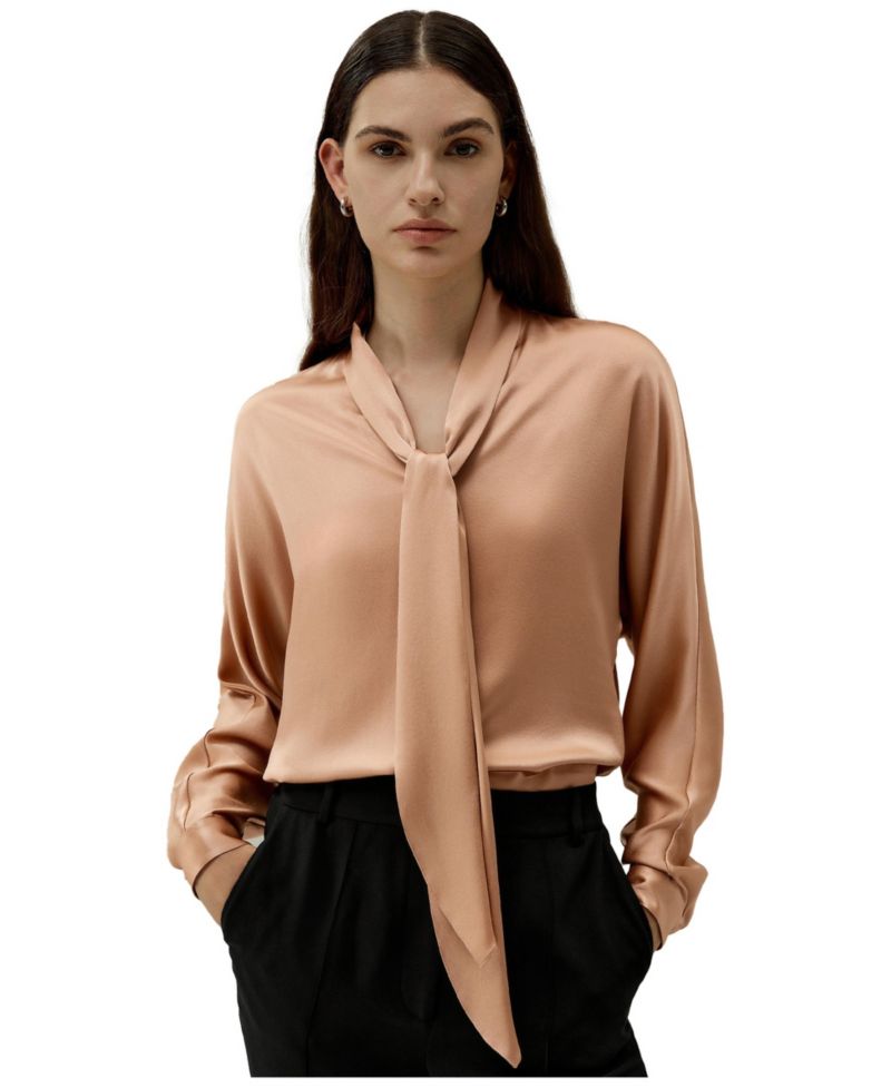 Women's Bat Sleeve Silk Top with Adjustable Neck Tie