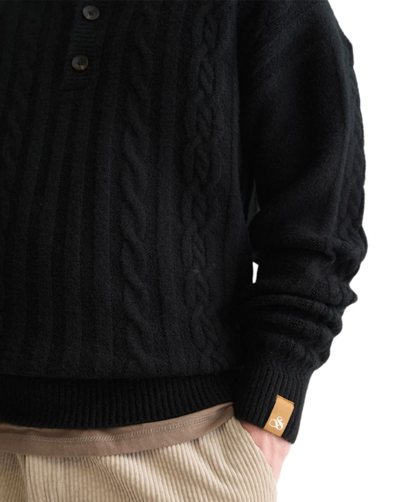 Men's Soft Knit Polo Cable Dropped Shoulder Polo Sweater
