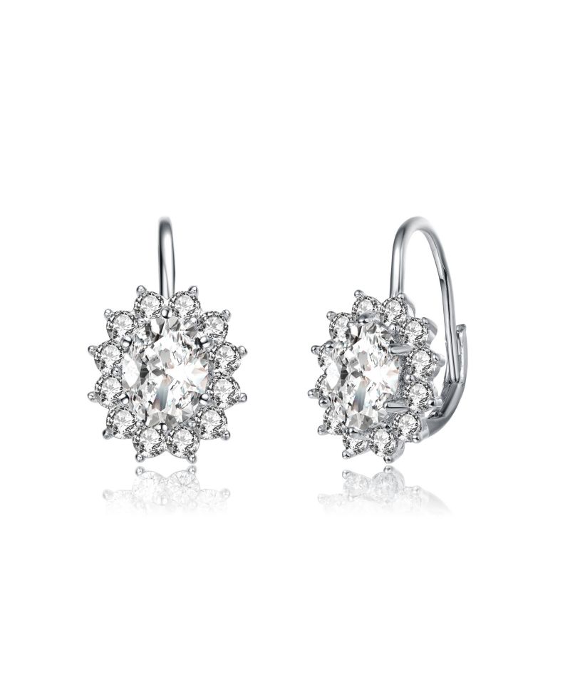 White Gold Plated with Cubic Zirconia Hibiscus Flower Cluster Drop Earrings with Leverback