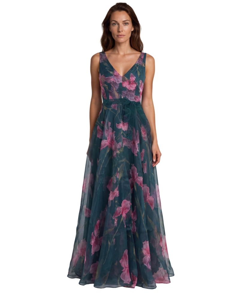 Women's V-Neck Floral-Print A-Line Gown