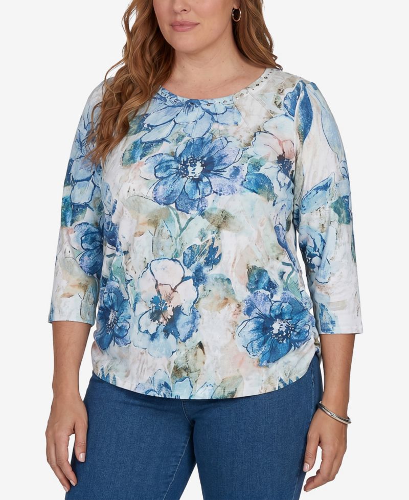 Plus Size Etched Florals 3/4-Sleeve Ruched T-Shirt