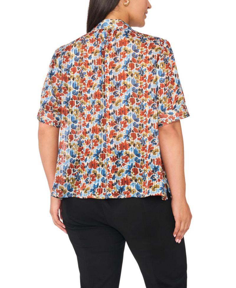 Plus Size Floral Short Puff-Sleeve Mock-Neck Blouse