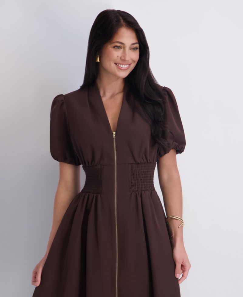 Women's Puff-Sleeve Smocked-Waist A-Line Midi Dress