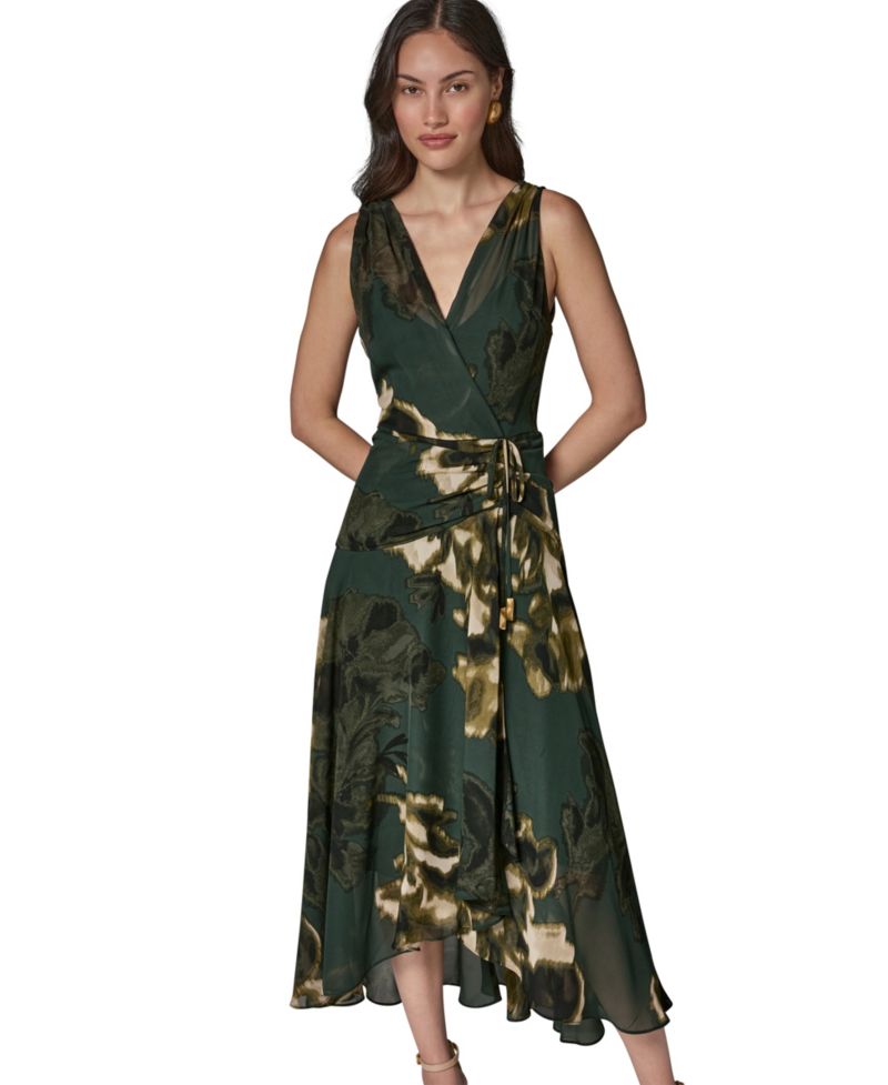 Women's Sleeveless Printed Chiffon Surplice Neck Dress