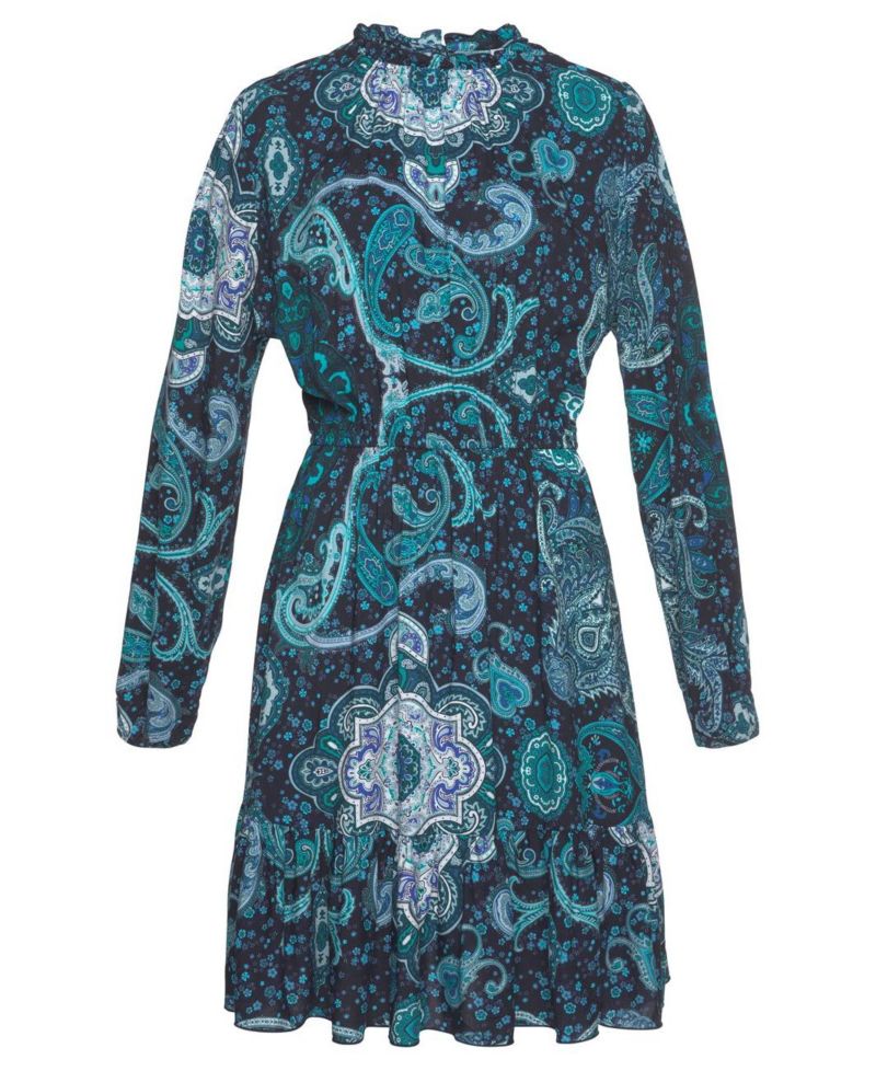 Women's Viscose Paisley Print High Neck Ruffle-Trim Short Dress
