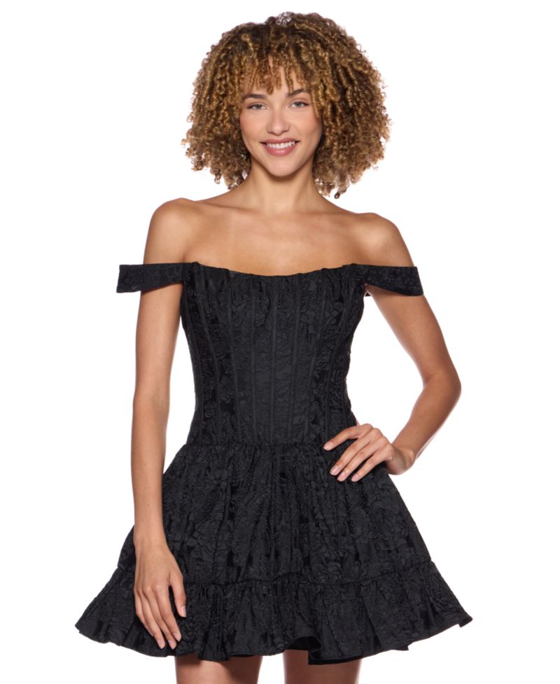 Juniors' Off-The-Shoulder Corset Bodice Jacquard Dress