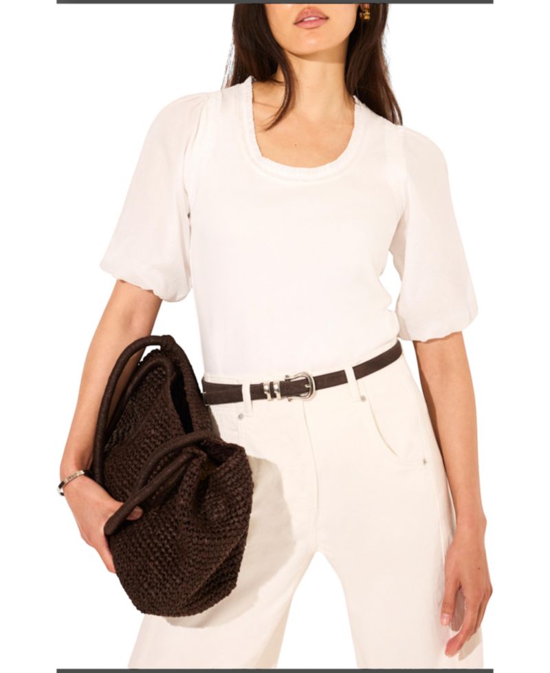 Women's Puff-Sleeve Scoop-Neck Top with Trim Detailing
