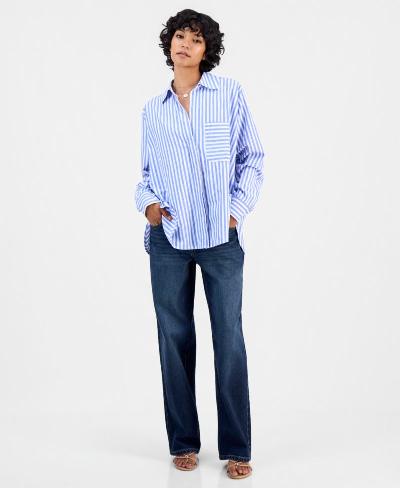 Women's Striped Long-Sleeve V-Neck Button-Down Shirt