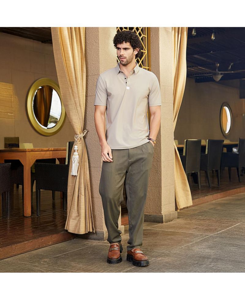 Men's Sand Beige Seamless Waffle Polo T-Shirt