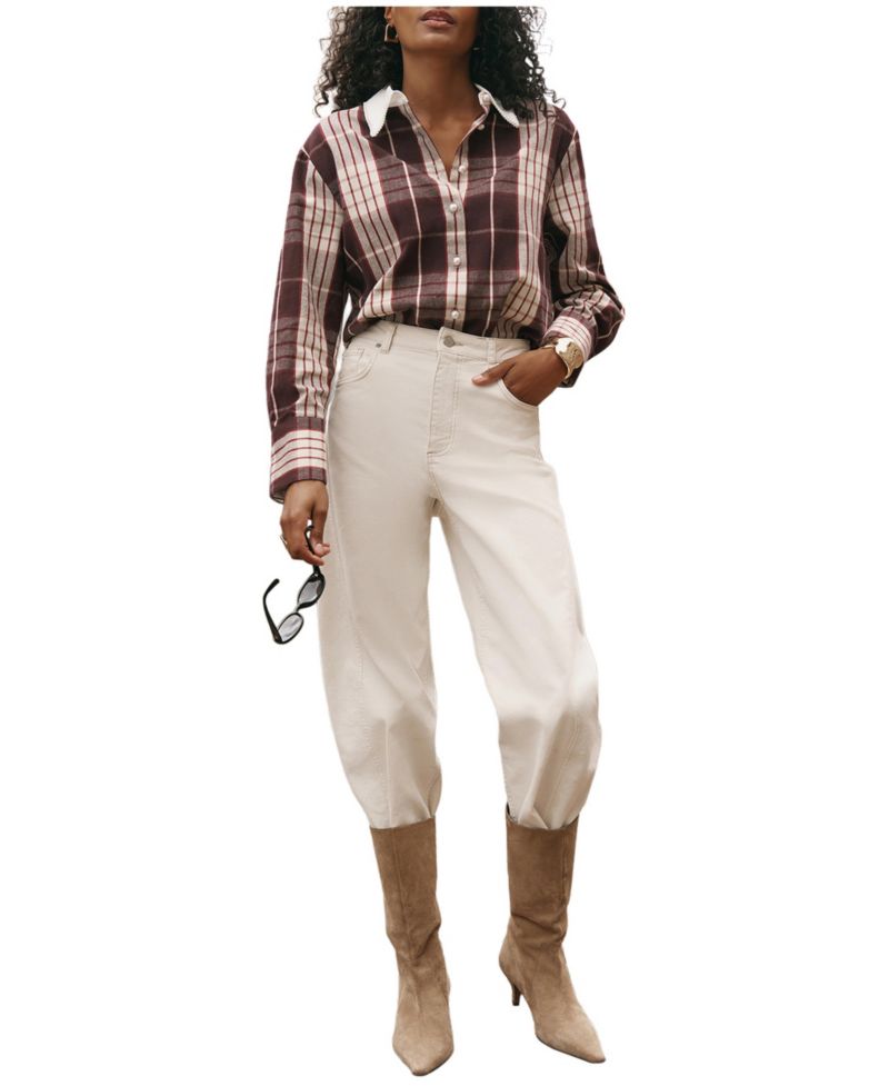 Women's Plaid Long-Sleeve Pearl-Trim Shirt