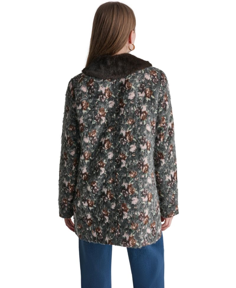 Women's Long-Sleeve Floral Faux-Fur Coat