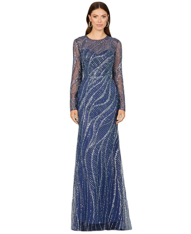 Women's Long Sleeve Sheath Gown with Silver Beads
